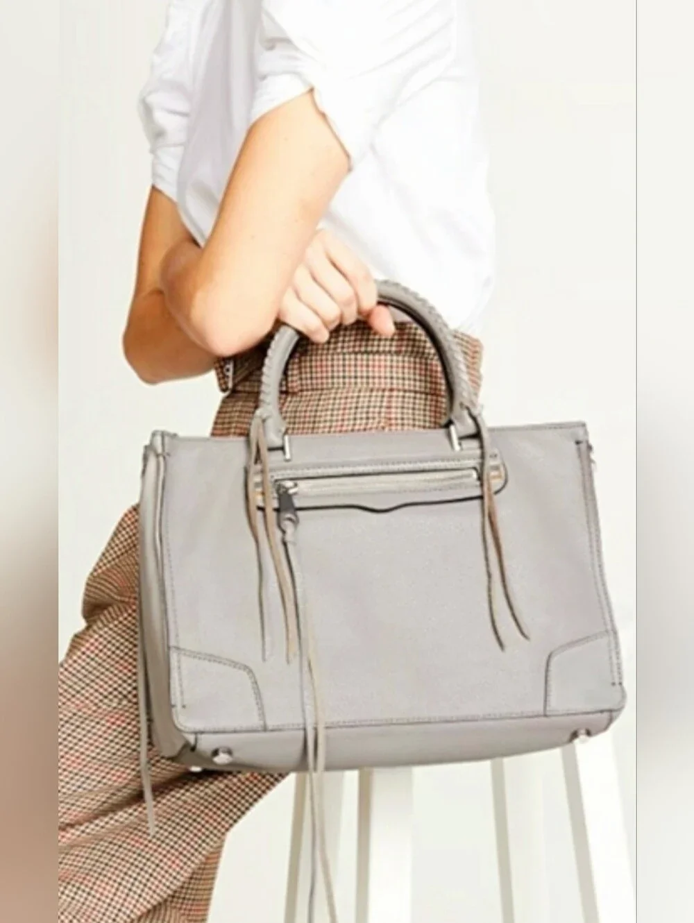 Rebecca Minkoff Regan 100% Genuine Pabbled Leather Bag Laptop Size Taupe Gray